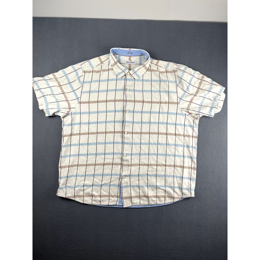 Tommy Bahama Button Up Shirt Mens XXL Silk Blend White Plaid Islandzone Hawaiian